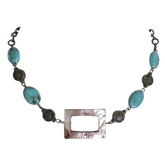 Abalone Shell Pendant Choker Necklace Beaded Chain Turquoise Color Beads - Picture 1 of 7